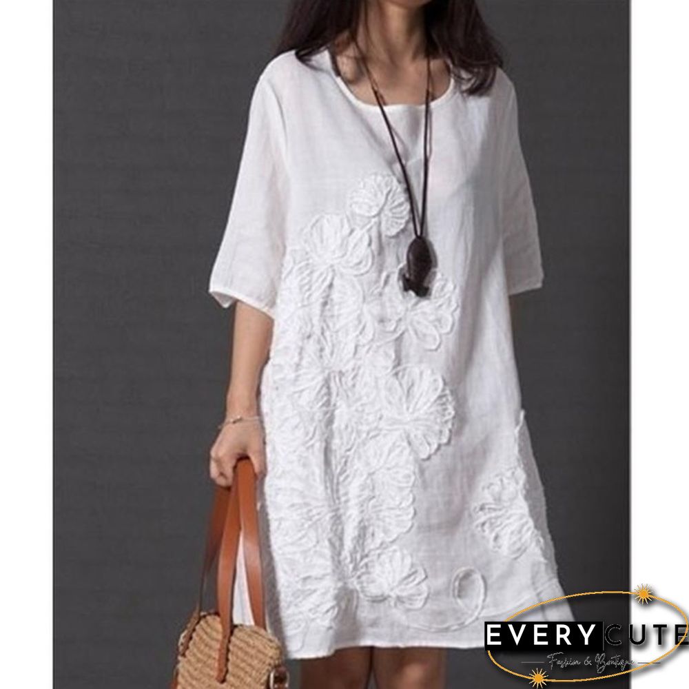 Women Fashion Summer Style T -shirt Loose Cotton Embroidered Casual Dress Plus Size Ladies Linen Dress