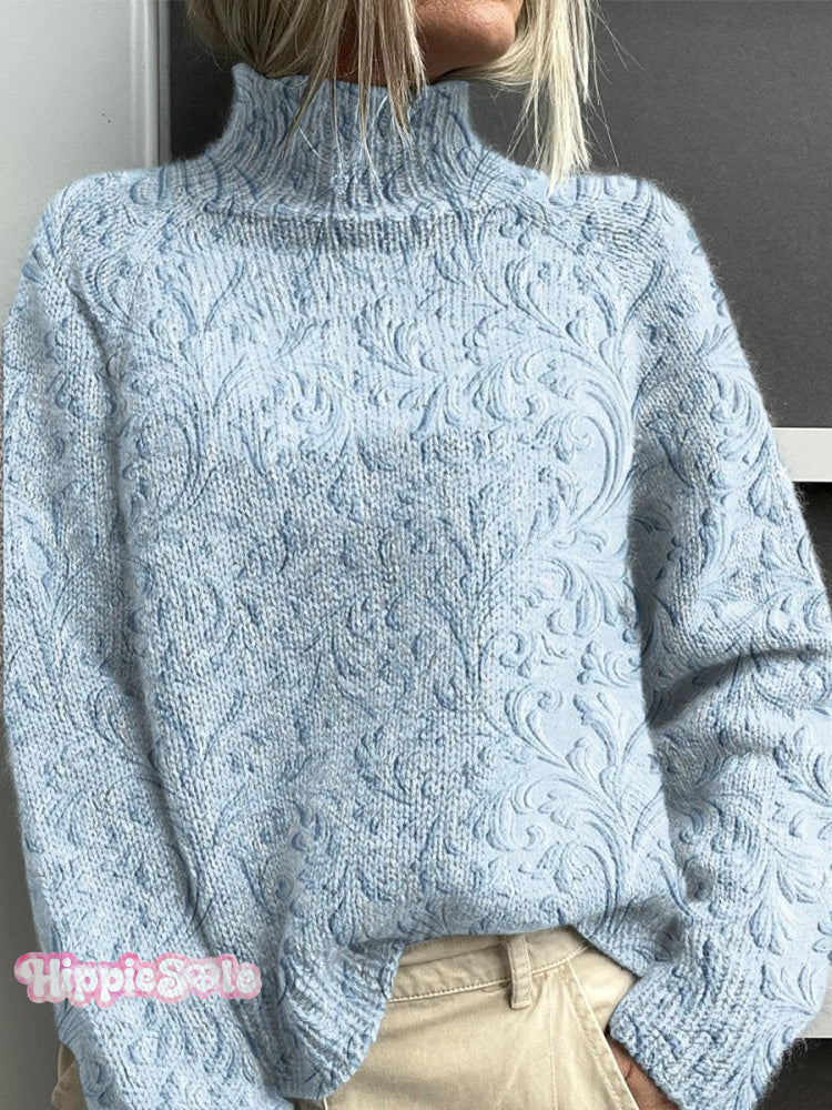 Floral Texture Art Print Knit Turtleneck Pullover Sweater Multicolor / S