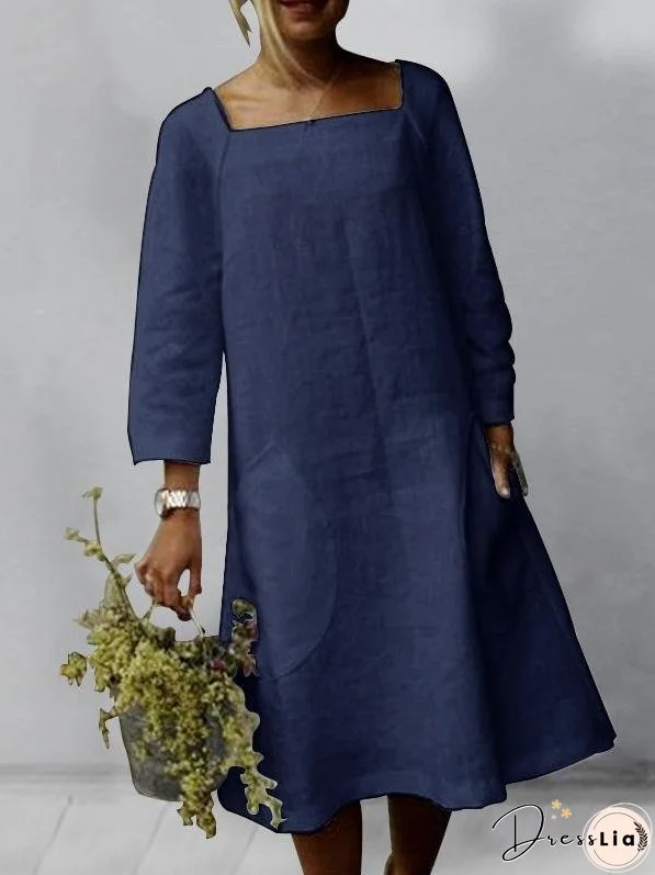 Dresses Pocket Square Neck Long Sleeve Casual Dress for Women