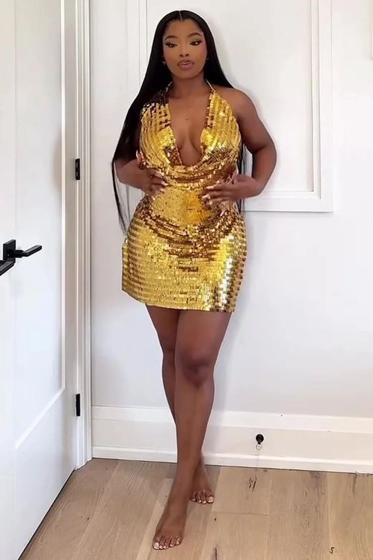 Sequin Allover Plunging Halter Slim-Fit Party Mini Dresses-Gold [Pre Order]