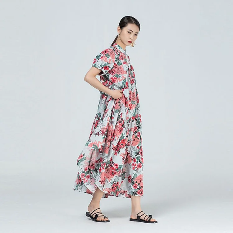 Vintage Half Stand Collar Floral Printed Puff Sleeve Dress   