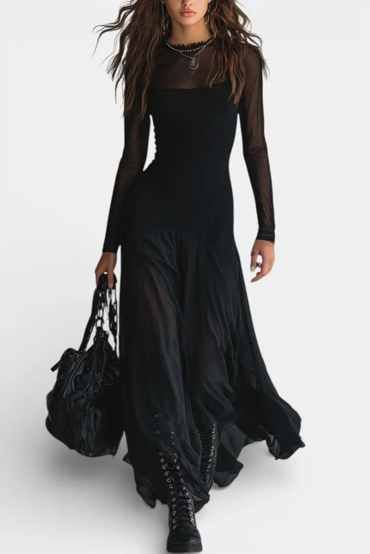 Layered Sheer Long Sleeve Maxi Dress