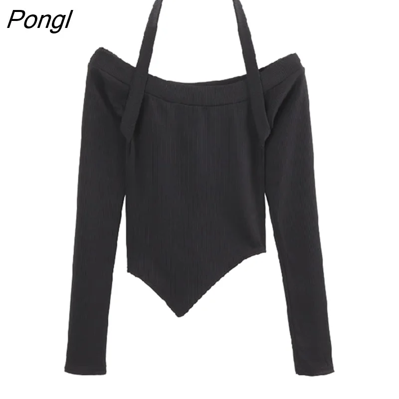 Pongl Shoulder Off Crop Top Women Long Sleeve Winter T-shirt Woman Korean Fashion Vintage Y2K Sexy Tee Shirt Femme Clothes