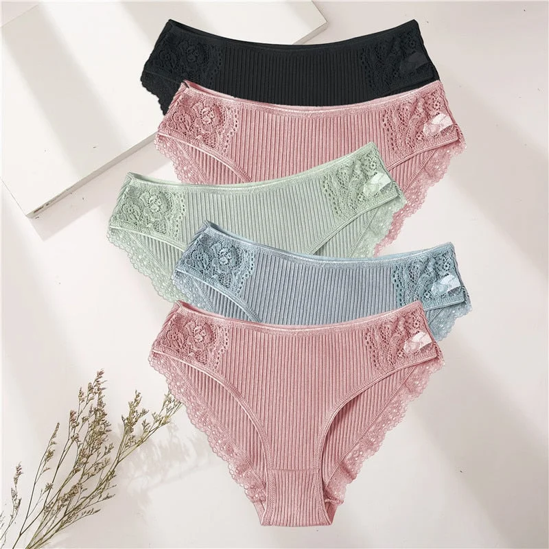 FINETOO 5PCS/Set Women Cotton Underwear Panties Floral Lace Soft Intimates Underpant For Woman Sexy Ladies M-XXL Lingerie Panty