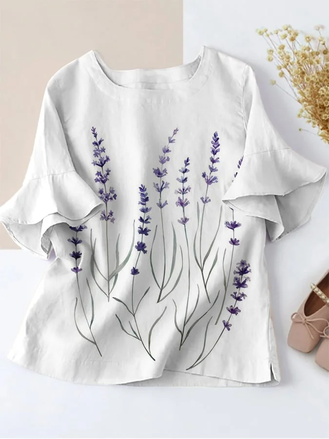 Women's Retro Floral Print Casual Comfort Ruffle Top 