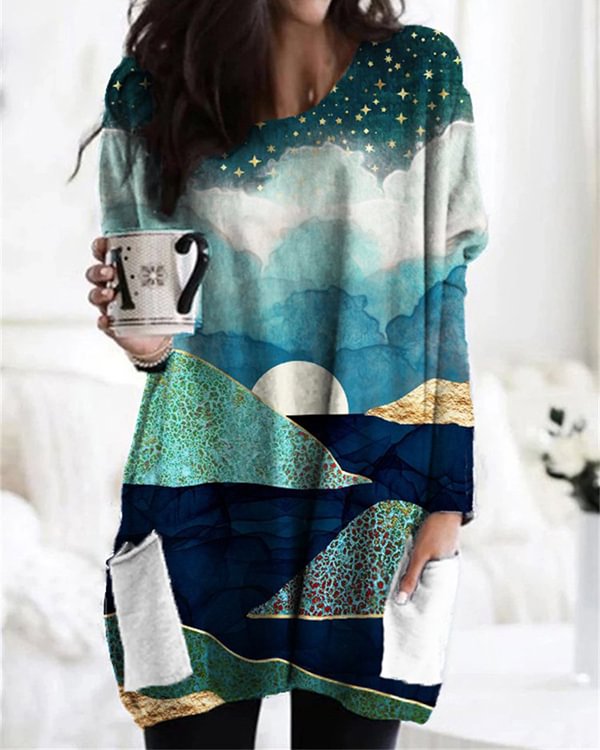 Night Landscape Glitter Art Patch Pocket Top