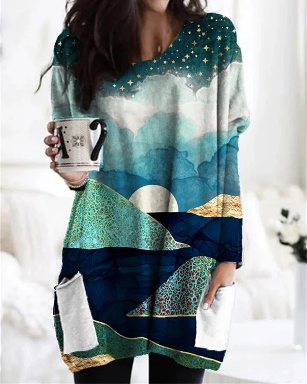 Night Landscape Glitter Art Patch Pocket Top