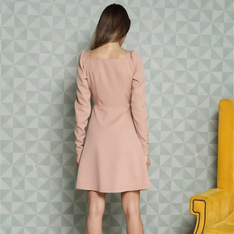Vintage Button Dress Vestidos Ladies Trendy Solid Puff Sleeve A-line Mini Dress Women Elegant Slim All-match Mini Dress Autumn