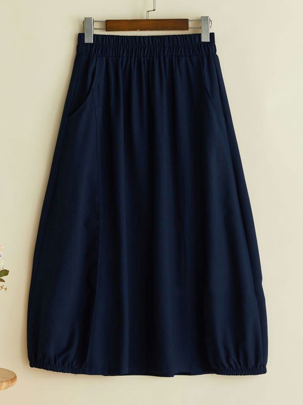Solid Color Elastic Waist Cotton and Linen Women's Skirt tjj Shicloths
