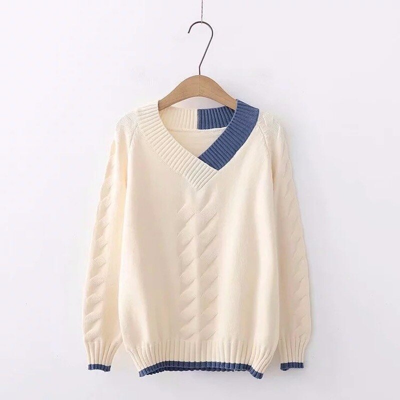 Japanese Mori Girl Small Fresh Fashion Knitted Sweater Female Long-sleeved Color Matching V-neck Sweater Women Pullover Spring