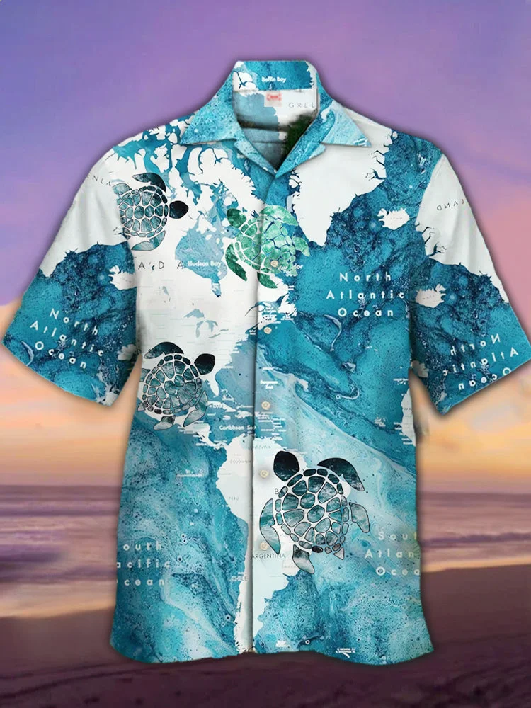 Eye-Catching Map And Sea Turtles Printing Beach Travel Cuban Collar Hawaiian Short Sleeve Shirt BestDVibe