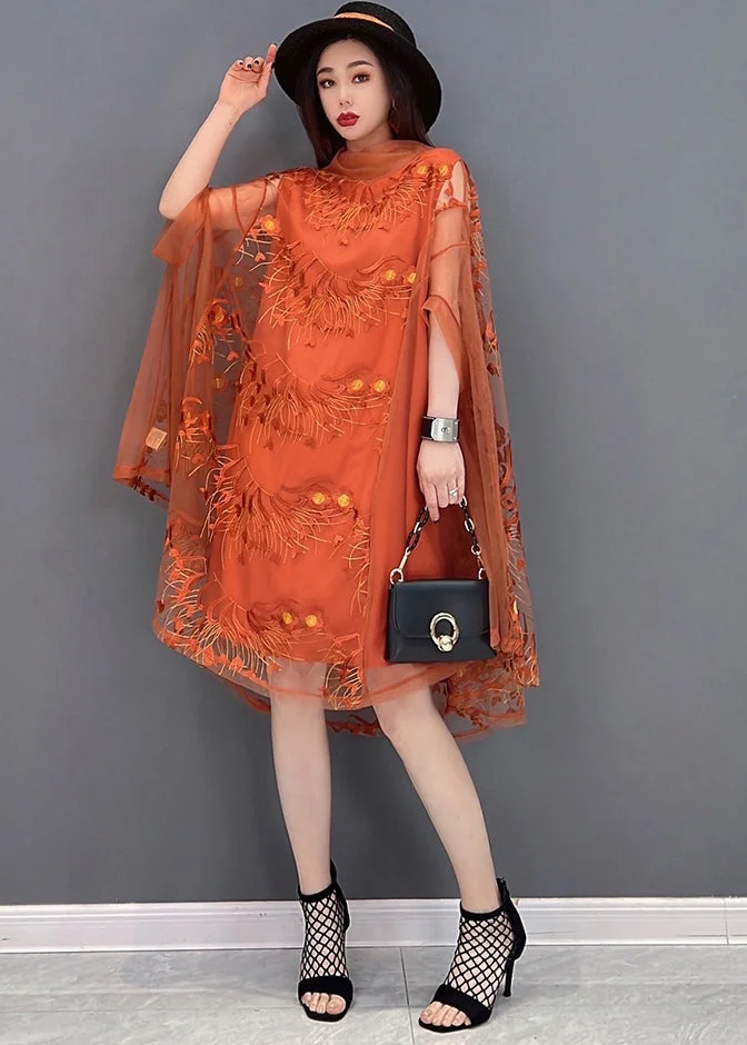 Stylish Orange Embroideried Turtle Neck Tulle UPF 50+ Dress Batwing Sleeve