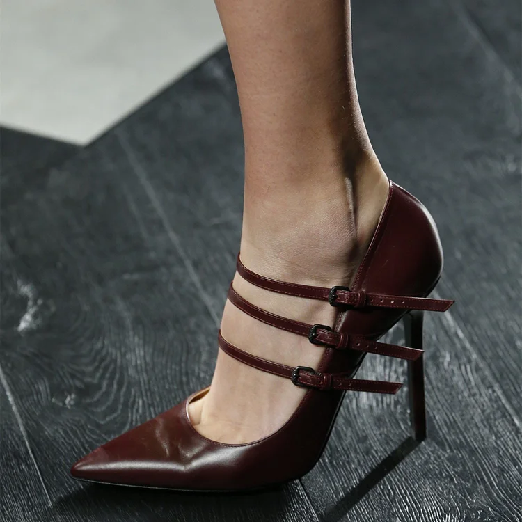 Maroon Pointed Toe Stiletto Heels Elegant Multi-strap Mary Jane Pumps |FSJ Shoes