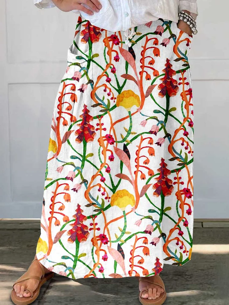 Womens Resort Flower Style Cotton and Linen Skirt With Pockets