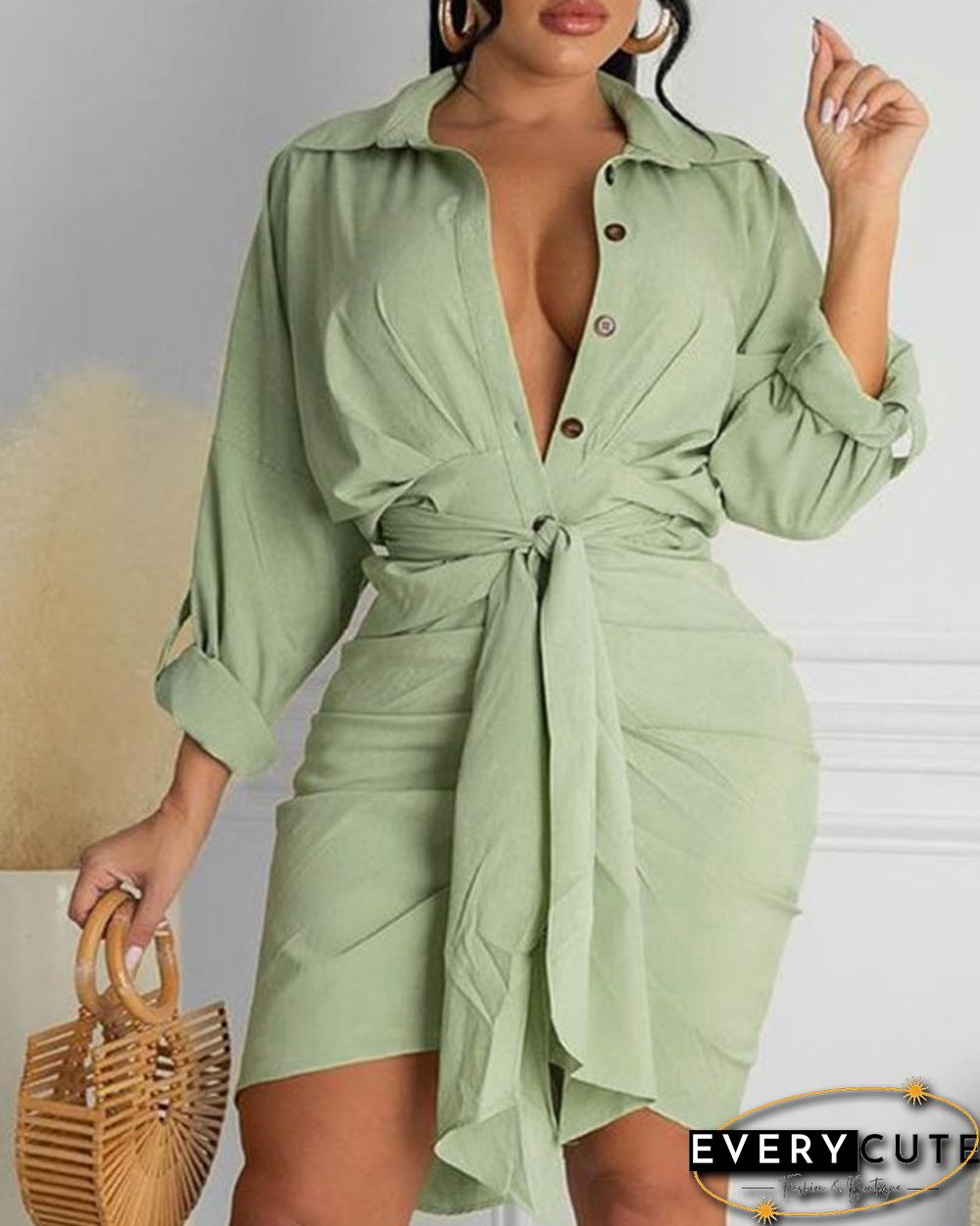 Button Design Tied Detail Long Sleeve Shirt Dress