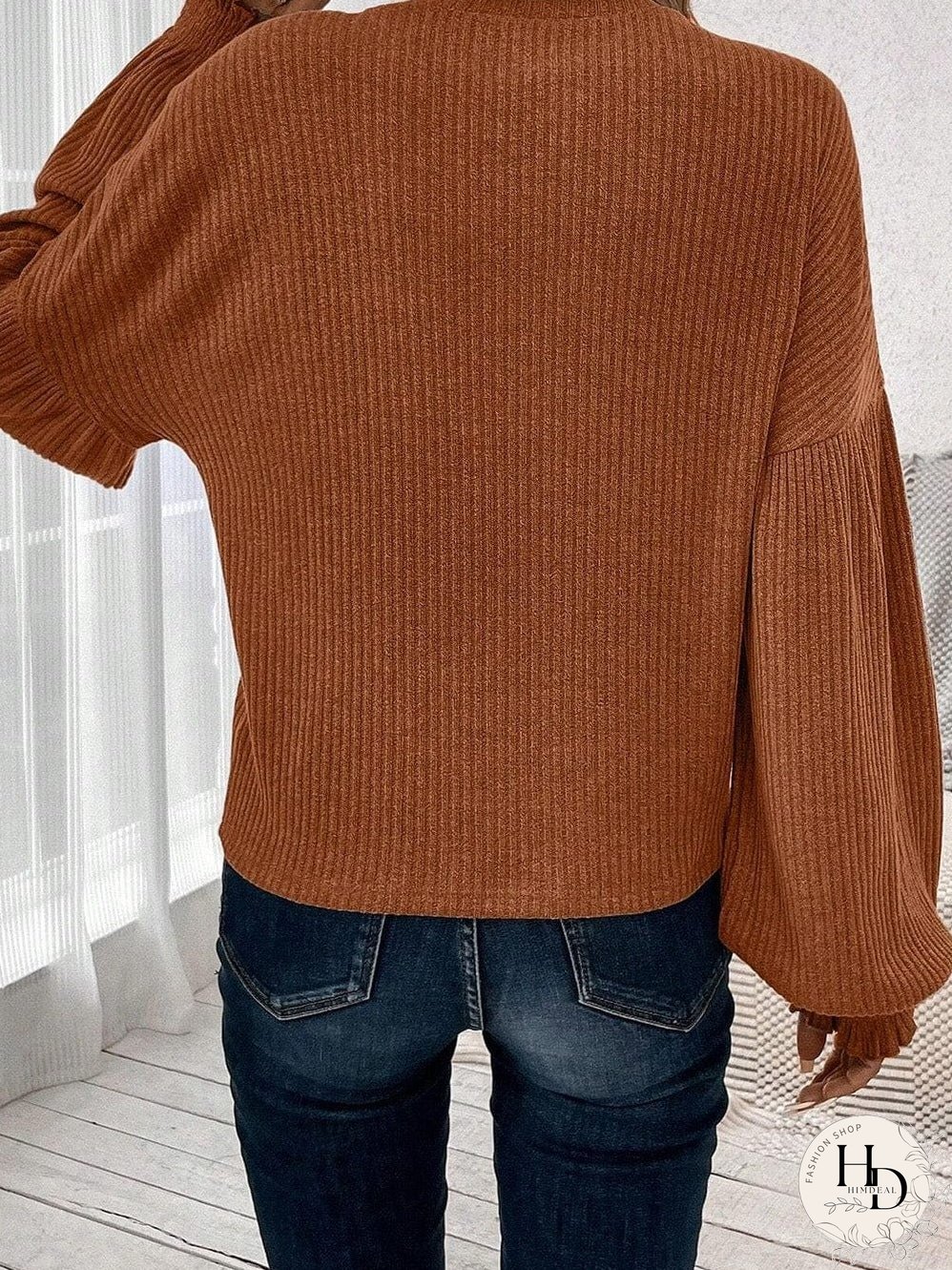 Chestnut Textured Knit Drop Shoulder Ruffled Sleeve Top