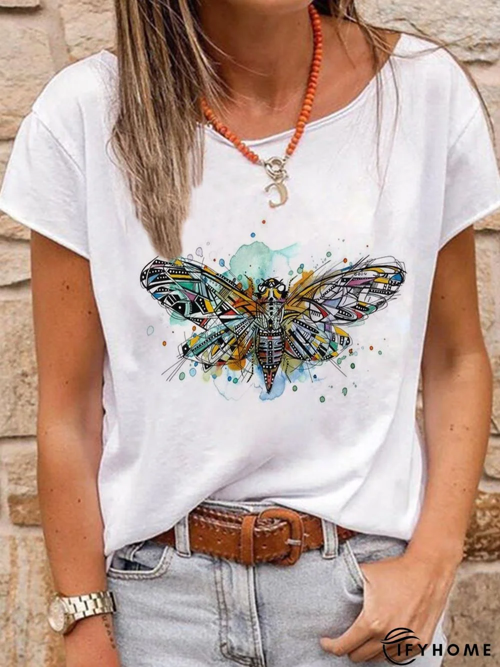 Vintage Short Sleeve Crew Neck Cicada Printed Plus Size Casual Tops | IFYHOME