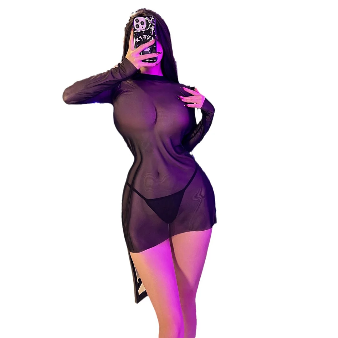 Uveng Night Swear Size 2023 Perspective Mesh Yarn Ultra-Thin Single-Sleeve Sexy Dress