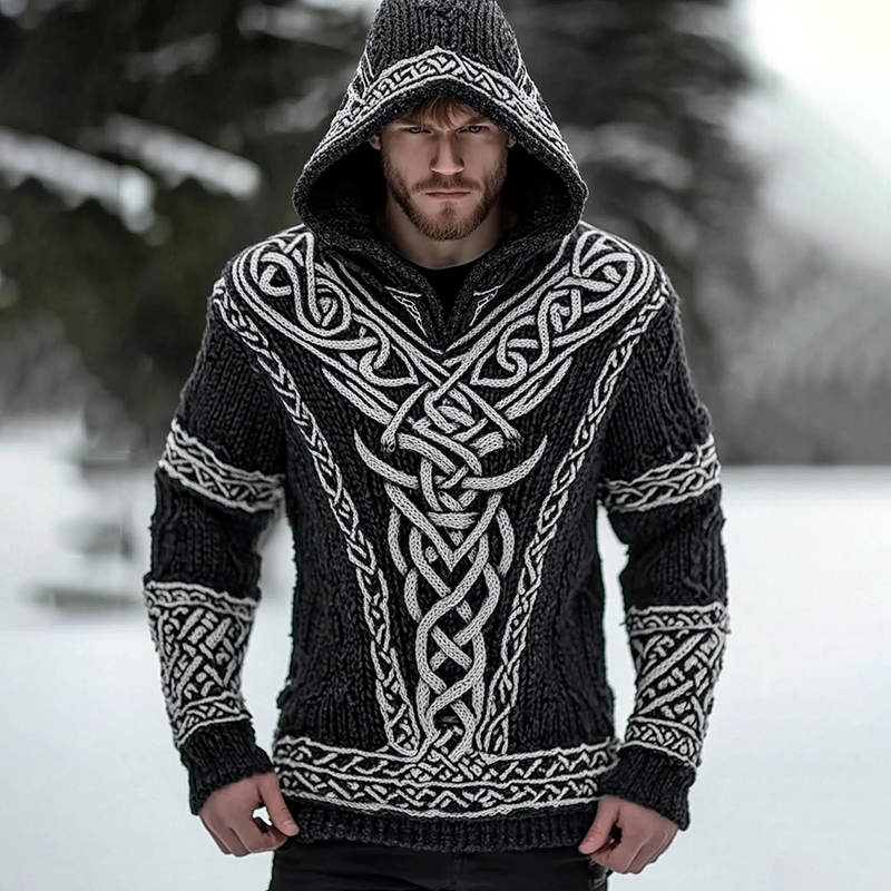 Men's Viking Pattern Art Knit Hooded Sweater