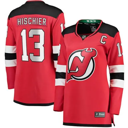 Women's New Jersey Devils #13 Nico Hischier  Red Captain Patch Home Jersey