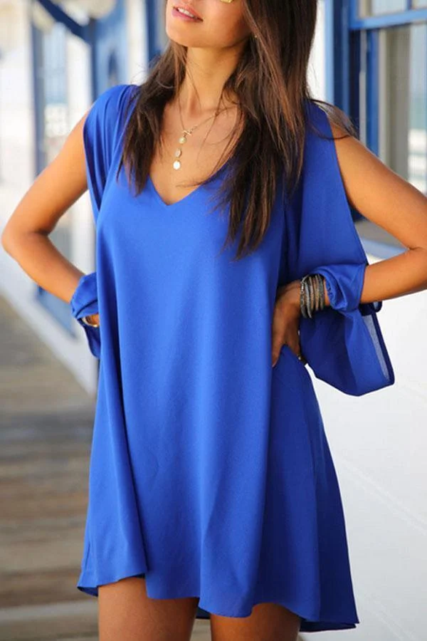 Asymmetric Hem Slit Long Sleeves Solid Color Shift Dresses