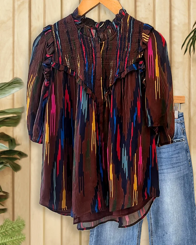 Abstract Print Feminine Sherring Ruffles Trim T-Shirt