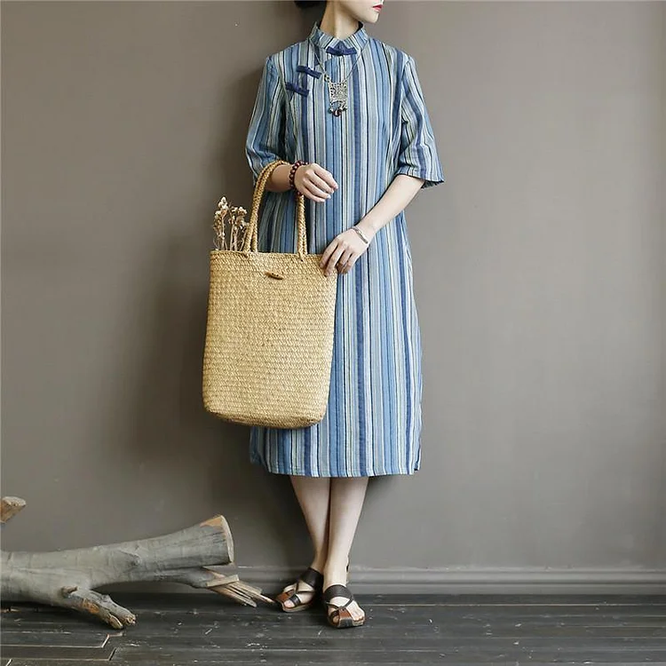 French stand collar cotton summer clothes Work Outfits blue striped cotton robes Dresses