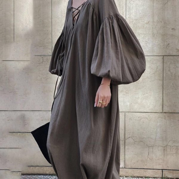 Plus Size Lace V-neck Lantern Sleeve Dress