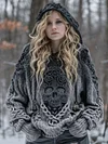Women's Retro Drop Shoulder Skeleton Pattern Loose Hooded Sweater