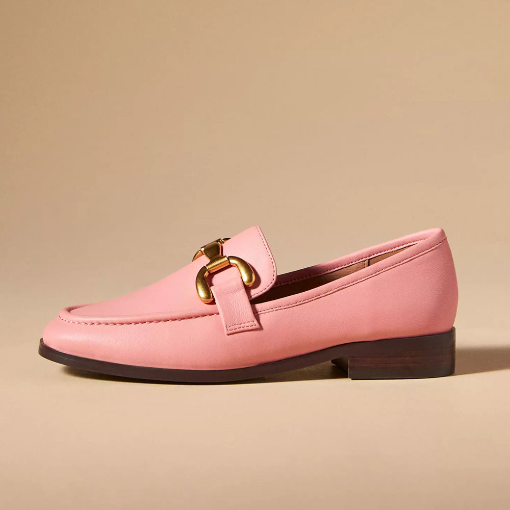 Pink Round Toe Classic Horsebit Flat Loafers for Women Nicepairs
