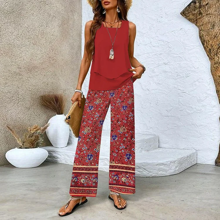 Women's Plain Two-Piece Set Daily Sleeveless Casual Summer Top With Pants Matching Set