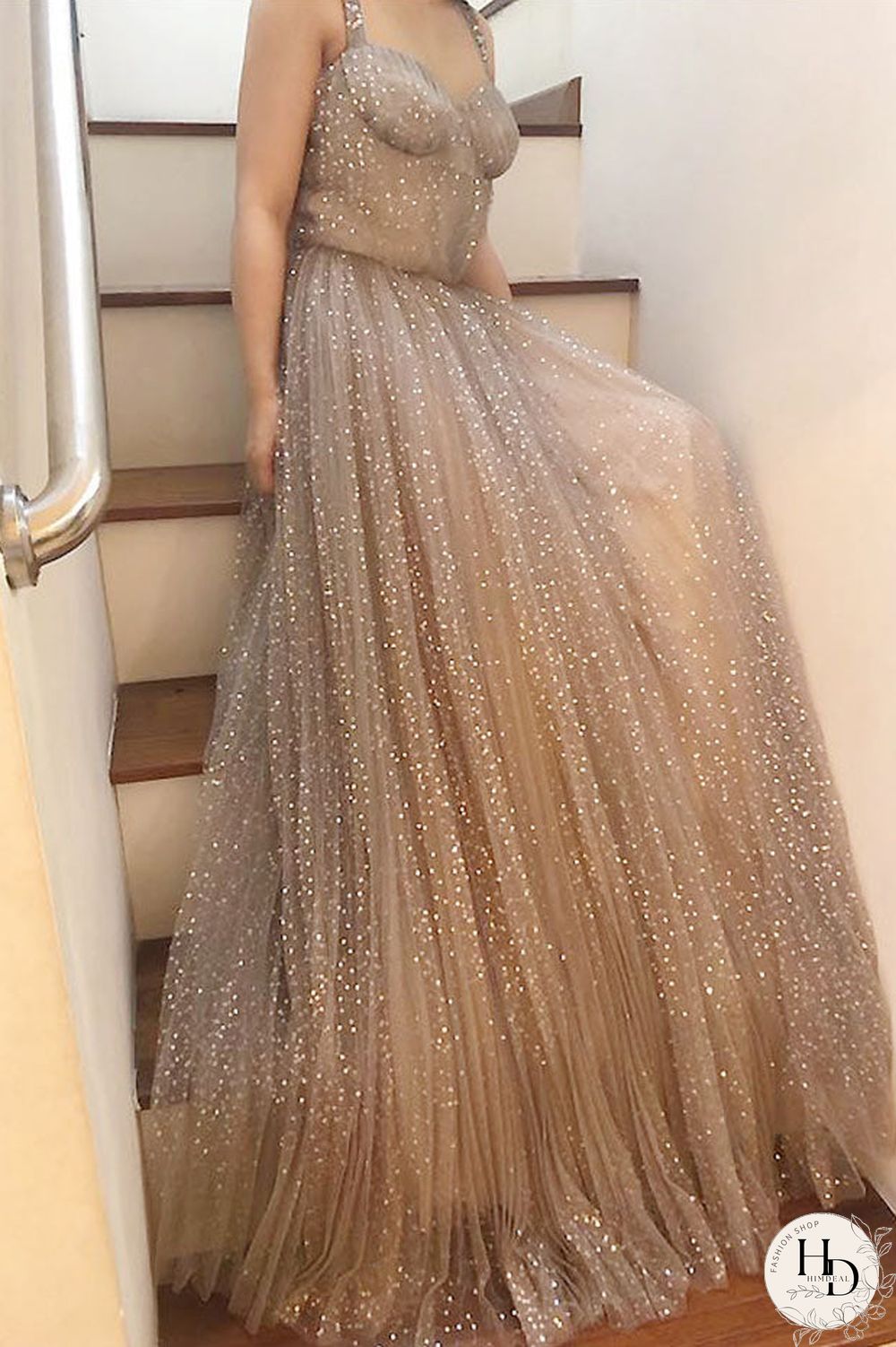 Sparkly Champagne Spaghetti Straps Sequin Dress