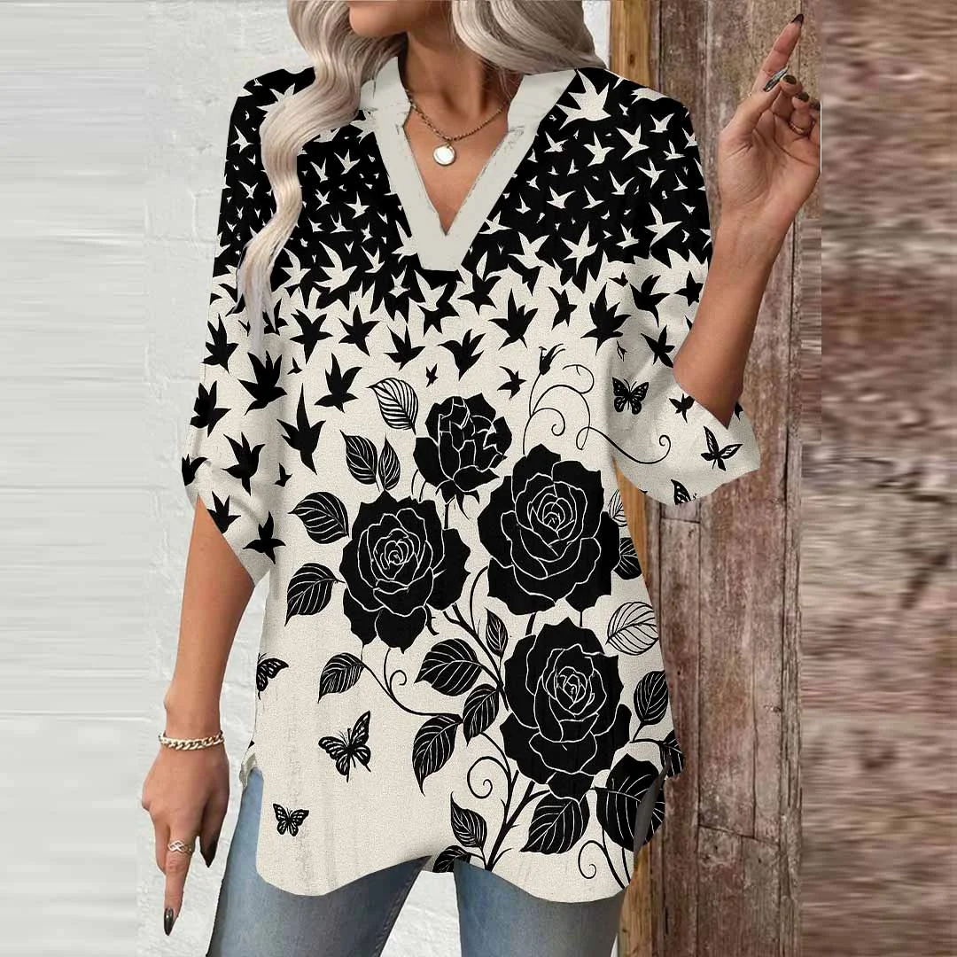 Women Black,Floral DZGA0792 3/4 Sleeve V-neck Printed Graphic Button Tops