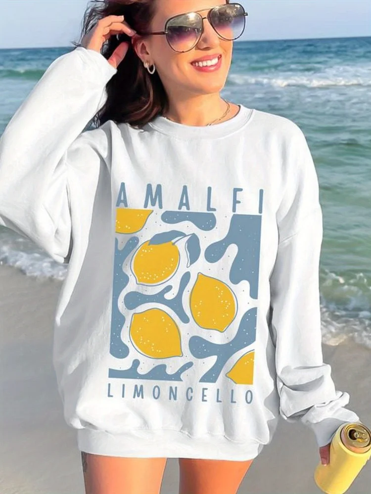 Women's Casual Crew Neck Sweatshirt With Vibrant Lemon & Blue Print - "Amalfi Limoncell" Design, Short Sleeve, Lightweight Polyester, Perfect For Beach Or Summer Outings, Beachwear | Vibrant Print | Lightweight Fabric