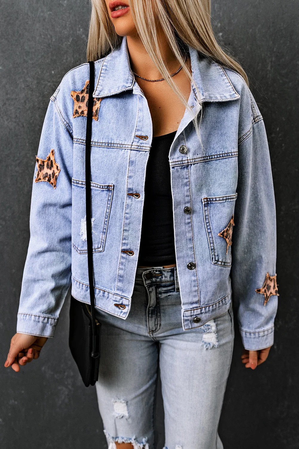 Sky Blue Leopard Star Distressed Cropped Denim Jacket | IFYHOME