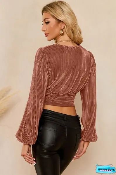 Drawstring V-Neck Balloon Sleeve Blouse