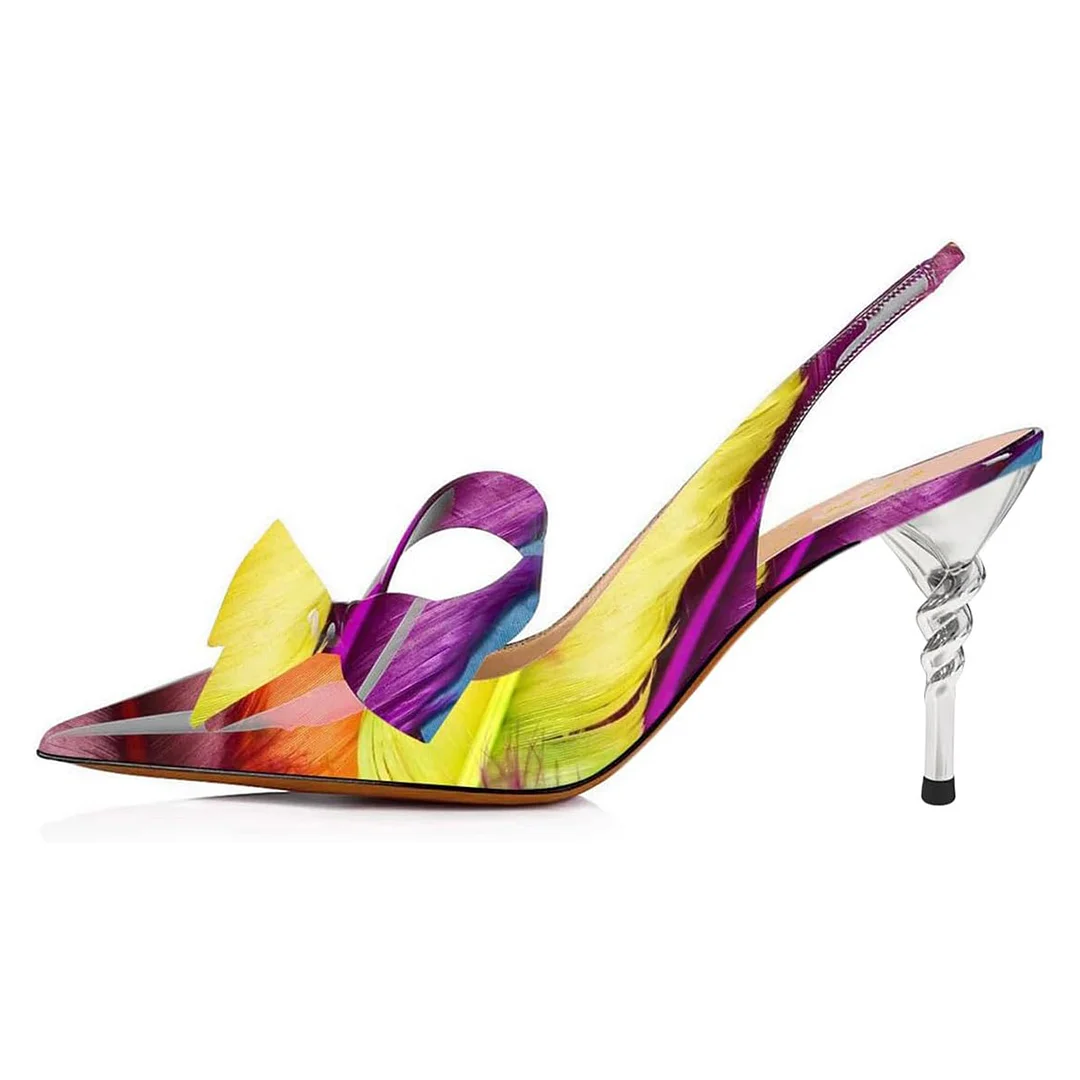 Multicolor Feather Print Sculptural Heel Bow Slingback Shoes