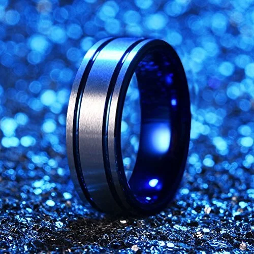 4MM 6MM 8MM Women's Or Men's Tungsten Carbide Wedding Matching Rings Duo Tone Silver and Blue High Polished Silver Tone Beveled Edge Double Groove