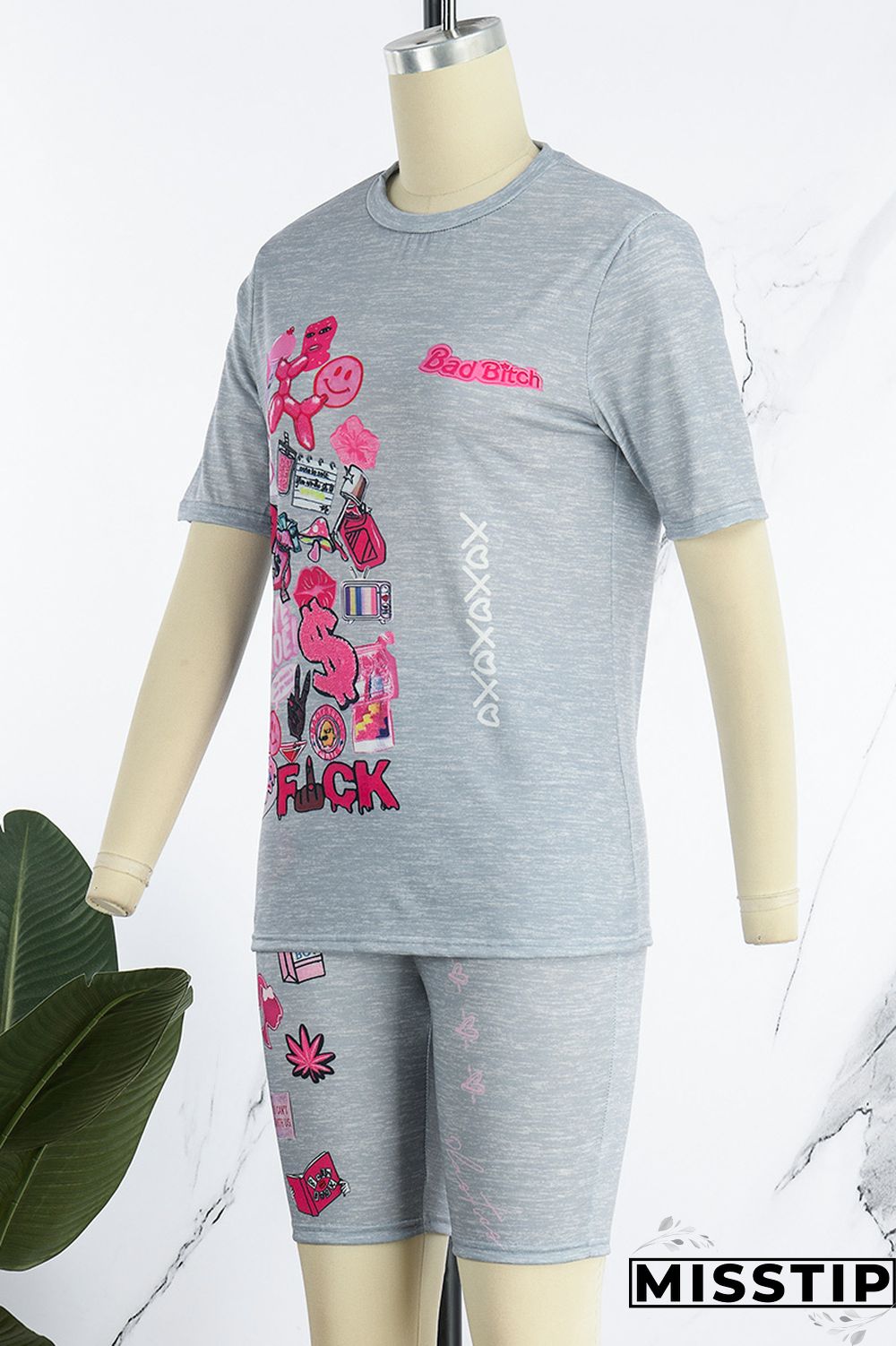 Grey Casual Print Basic O Neck Short Sleeve Two Pieces