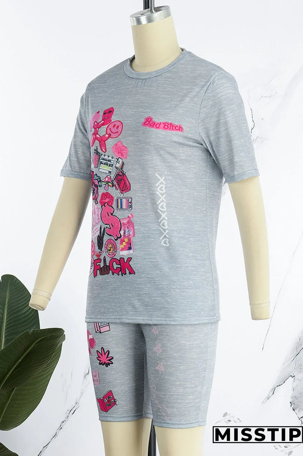 Grey Casual Print Basic O Neck Short Sleeve Two Pieces