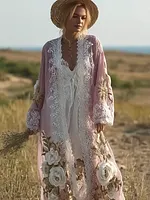 Women's Spring And Summer Linen Lace Patchwork Casual Long Cardigan