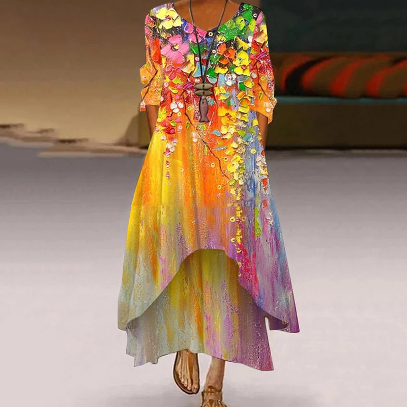 Casual Oil Painting Print Long Sleeve Midi Dress