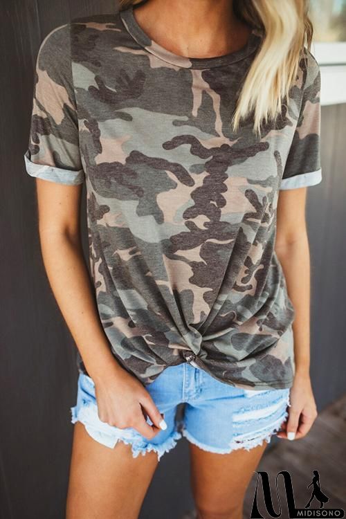 MidiSono - Camouflage Print Knot T Shirt