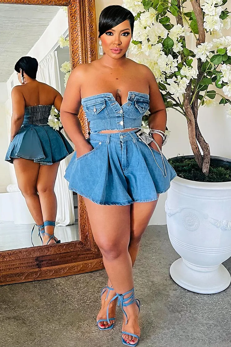 Frayed Denim Button Tube Top Pocket Mini Skirt Matching Set-Blue [Pre Order]
