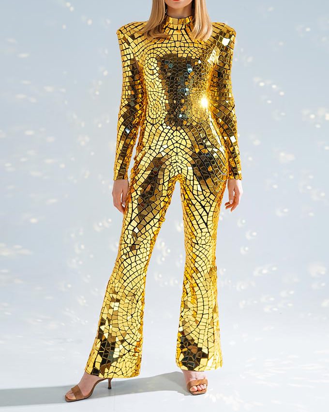 Gold Mirror Flared Pants Jumpsuit