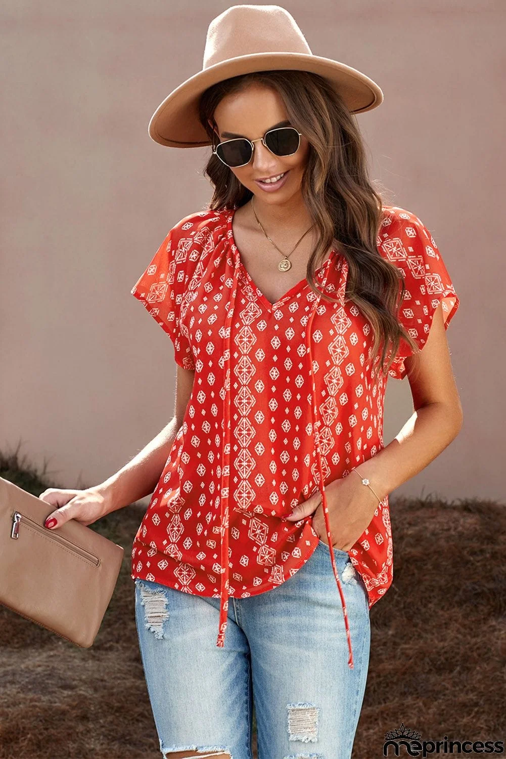 V-neck Short Sleeve Fashion Print Fantasy Fluttering Blouse