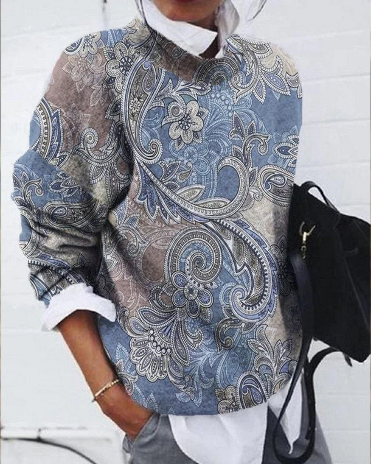 Casual Vintage Print Crew Neck Long Sleeve Sweatshirt