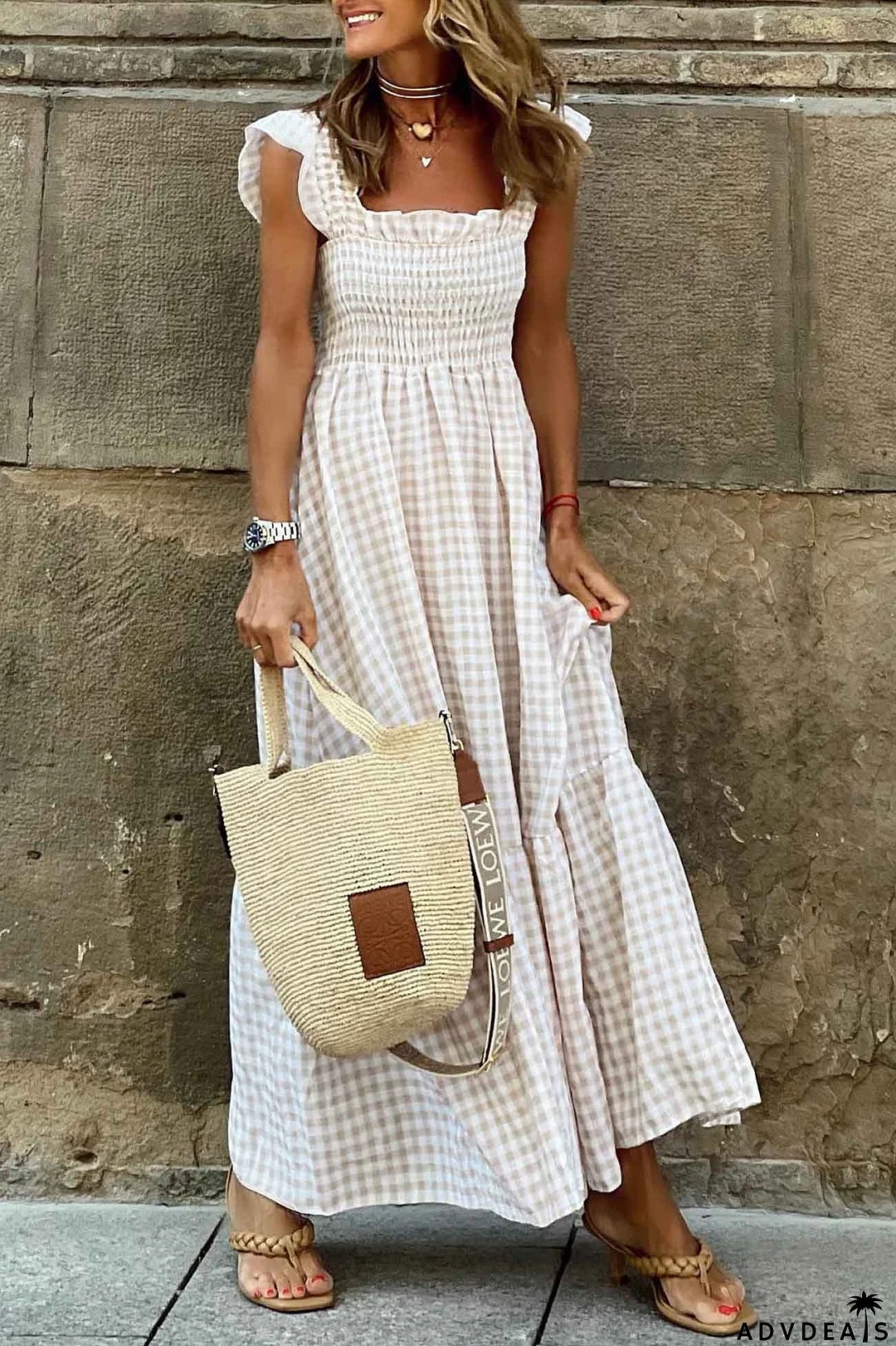 Plaid Ruffled Sleeveless Shirred Midi Dress