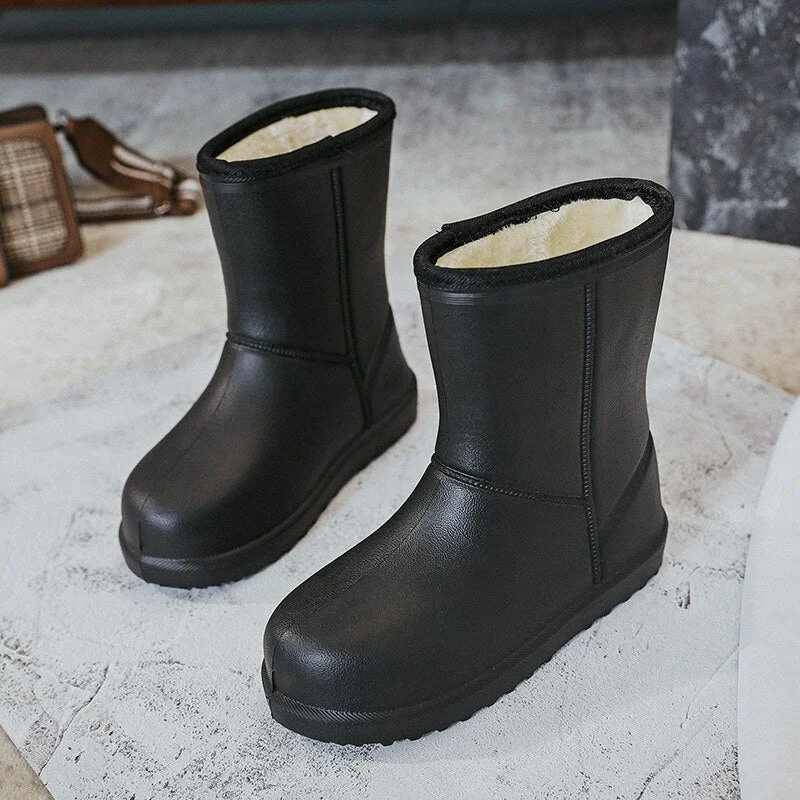 Winter Warm Plush Women Rainboots Solid Outdoor Waterproof Girls Fur Ankle Boots Slip-on EVA Ladies Rain Platform Shoes