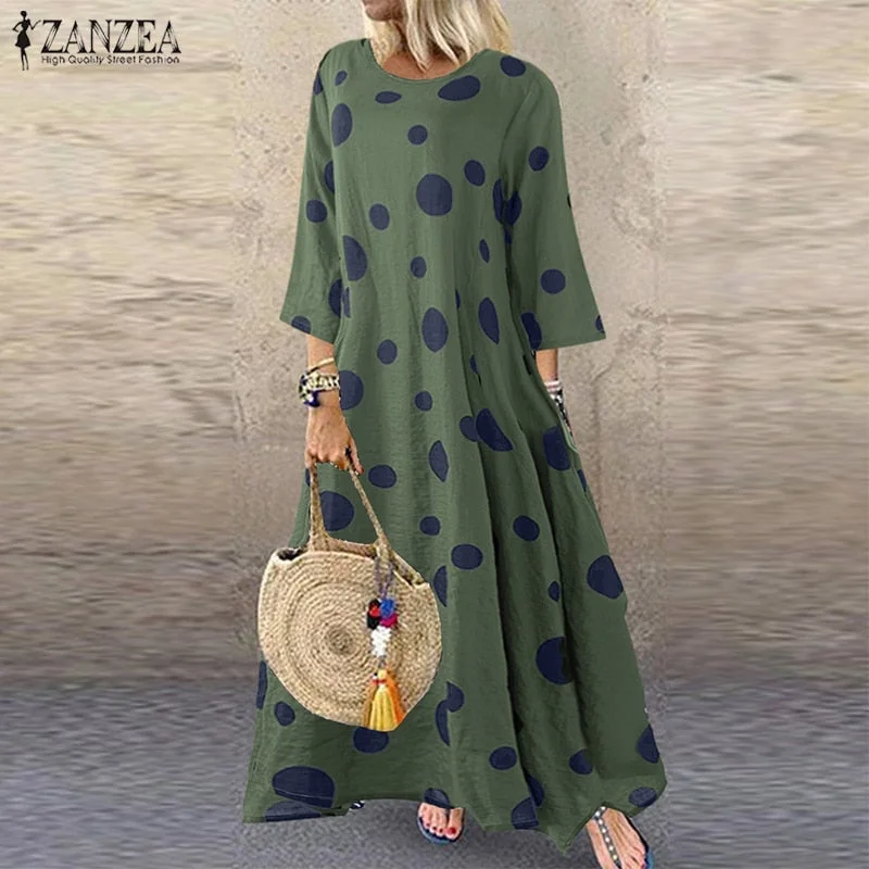 ZANZEA Autumn 3/4 Sleeve Polka Dot Printed Long Dress Vintage Women's Cotton Linen Dresses Female Kaftan Vestido Femme Sundress